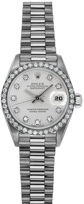 Rolex Women's White Gold President with Factory Diamond Bezel and Silver Diamond Dial  69139