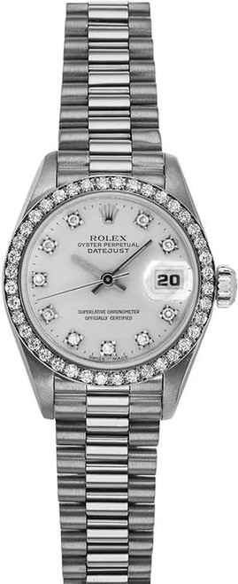 Rolex Women's White Gold President with Factory Diamond Bezel and Silver Diamond Dial  69139