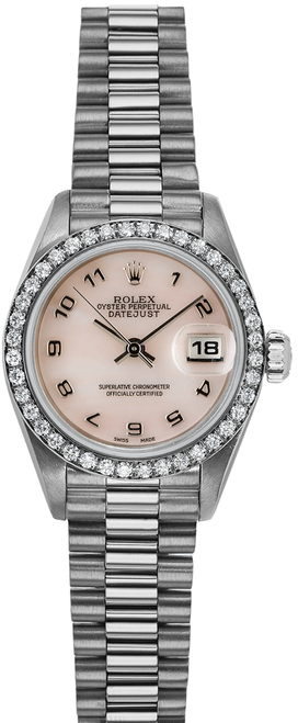 Rolex Women's White Gold President with Factory Diamond Bezel and Mother of Pearl Arabic Dial 69139