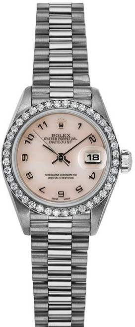 Rolex Women's White Gold President with Factory Diamond Bezel and Mother of Pearl Arabic Dial 69139 Rolex Women's White Gold President with Factory Diamond Bezel and Mother of Pearl Arabic Dial 69139