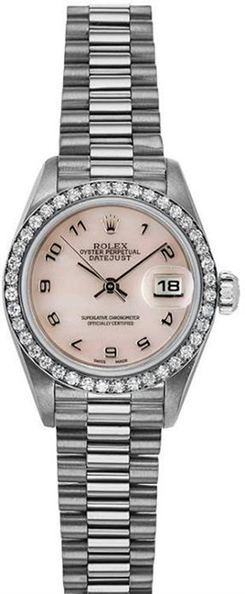 Rolex Women's White Gold President with Factory Diamond Bezel and Mother of Pearl Arabic Dial 69139