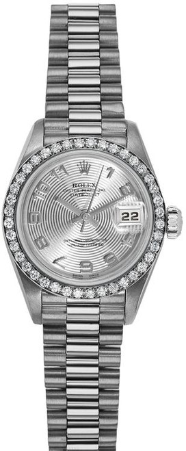 Rolex Women's White Gold President with Factory Diamond Bezel and Silver Concentric Arabic Dial 69139 Rolex Women's White Gold President with Factory Diamond Bezel and Silver Concentric Arabic Dial 69139