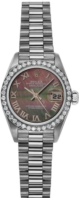 Rolex Women's White Gold President with Factory Diamond Bezel and Dark Pearl Roman Dial 69139