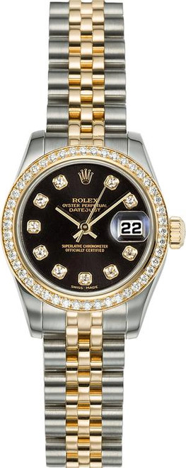 Rolex Womens New Style Two-Tone Datejust with Factory Diamond Bezel Black Diamond Dial 179383