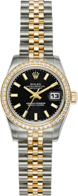 Rolex Women's New StyleTwo-Tone Datejust with Factory Diamond Bezel and Black Index Dial 179383