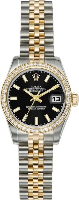 Rolex Women's New StyleTwo-Tone Datejust with Factory Diamond Bezel and Black Index Dial 179383
