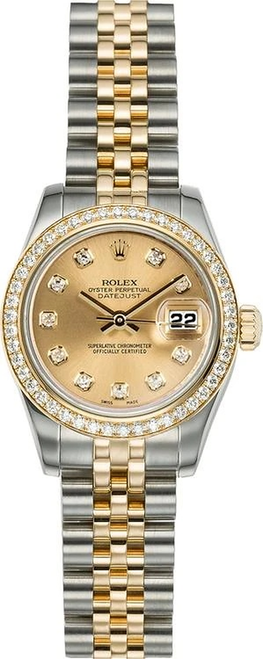Rolex Women's New Style Two-Tone Datejust with Factory Diamond Bezel and Champagne Diamond Dial 179383
