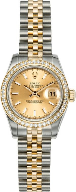 Rolex Women's New Style Two-Tone Datejust with Factory Diamond Bezel and Champagne Index Dial 179383