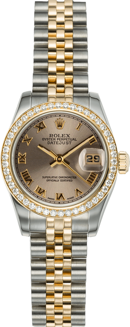 Rolex Women's New Style Two-Tone Datejust with Factory Diamond Bezel and Grey Roman Dial 179383