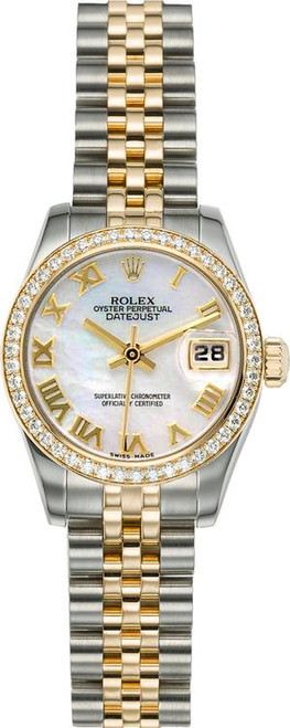 Rolex Women's New Style Two-Tone Datejust with Factory Diamond Bezel and Mother of Pearl Roman Dial 179383 Rolex Women's New Style Two-Tone Datejust with Factory Diamond Bezel and Mother of Pearl Roman Dial 179383