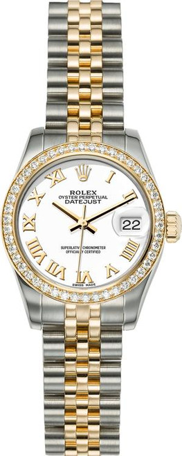 Rolex Women's New Style Two-Tone Datejust with Factory Diamond Bezel and White Roman Dial 179383 Rolex Women's New Style Two-Tone Datejust with Factory Diamond Bezel and White Roman Dial 179383
