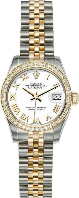 Rolex Women's New Style Two-Tone Datejust with Factory Diamond Bezel and White Roman Dial 179383