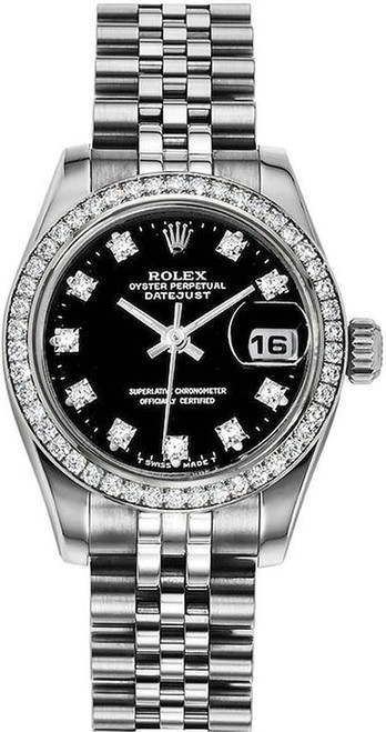Rolex Women's New Style Steel Datejust with Factory Diamond Bezel and Black Diamond Dial 179384