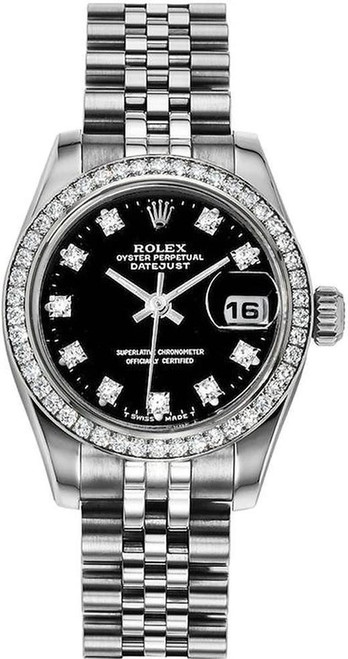 Rolex Women's New Style Steel Datejust with Factory Diamond Bezel and Black Diamond Dial 179384