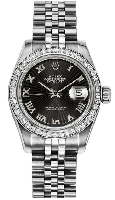 Rolex Women's New Style Steel Datejust with Factory Diamond Bezel and Black Sunbeam Roman Dial 179384