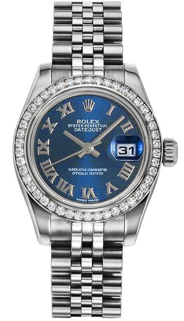 Rolex Women's New Style Steel Datejust with Factory Diamond Bezel and Blue Roman Dial 179384 Rolex Women's New Style Steel Datejust with Factory Diamond Bezel and Blue Roman Dial 179384