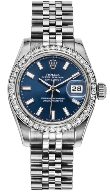 Rolex Women's New Style Steel Datejust with Factory Diamond Bezel and Blue Index Dial 179384