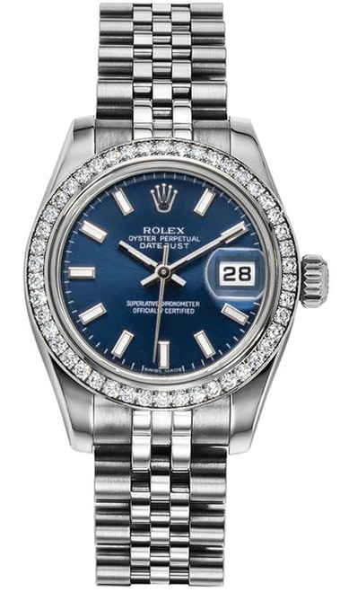 Rolex Women's New Style Steel Datejust with Factory Diamond Bezel and Blue Index Dial 179384