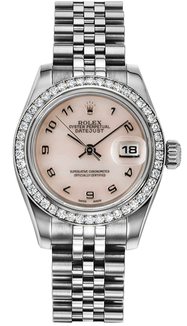 Rolex Women's New Style Steel Datejust with Factory Diamond Bezel and Mother of Pearl Arabic Dial 179384