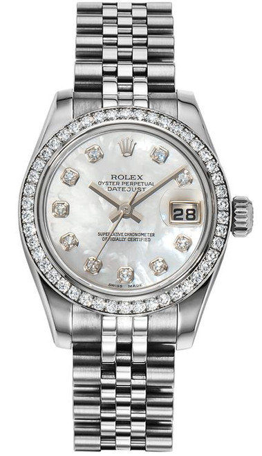 Rolex Womens New Style Steel Datejust with Factory Diamond Bezel and Mother of Pearl Diamond Dial 179384