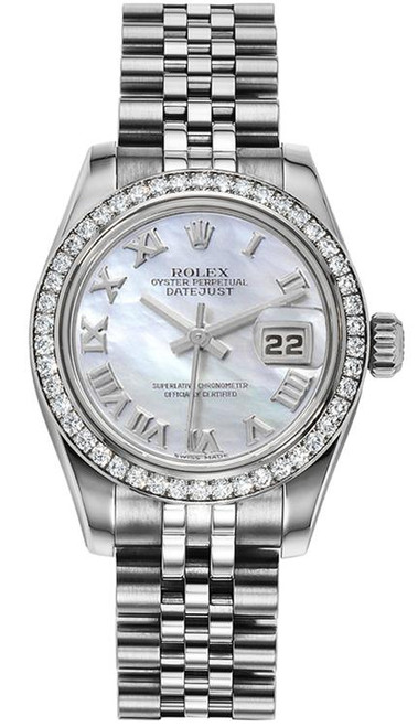 Rolex Womens New Style Steel Datejust with Factory Diamond Bezel and Mother of Pearl Roman Dial 179384 Rolex Womens New Style Steel Datejust with Factory Diamond Bezel and Mother of Pearl Roman Dial 179384