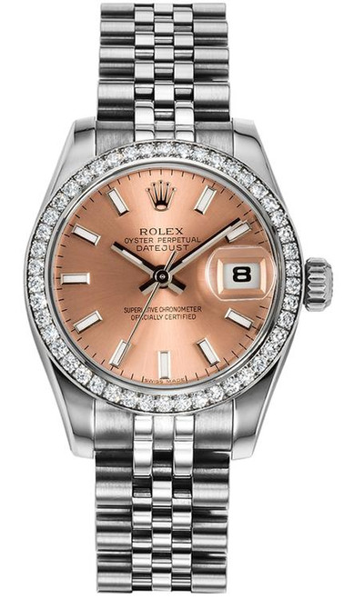 Rolex Women's New Style Steel Datejust with Factory Diamond Bezel and Pink Index Dial 179384 Rolex Women's New Style Steel Datejust with Factory Diamond Bezel and Pink Index Dial 179384