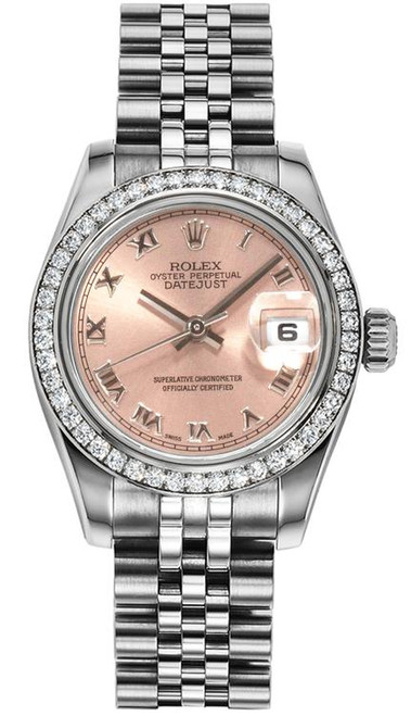 Rolex Women's New Style Steel Datejust with Factory Diamond Bezel and Pink Roman Dial 179384 Rolex Women's New Style Steel Datejust with Factory Diamond Bezel and Pink Roman Dial 179384