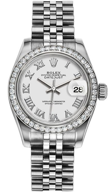 Rolex Women's New Style Steel Datejust with Factory Diamond Bezel and White Roman Dial 179384