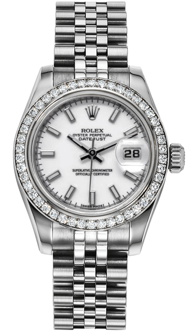 Rolex Women's New Style Steel Datejust with Factory Diamond Bezel and White Index Dial 179384 Rolex Women's New Style Steel Datejust with Factory Diamond Bezel and White Index Dial 179384