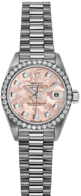 Rolex Women's White Gold President with Factory Diamond Bezel and Factory Pink Gold Crystal Diamond 69139 Rolex Women's White Gold President with Factory Diamond Bezel and Factory Pink Gold Crystal Diamond 69139