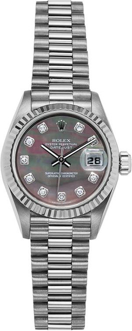 Rolex Women's White Gold President with Factory Black Mother of Pearl Diamond Dial P69179BMOPD