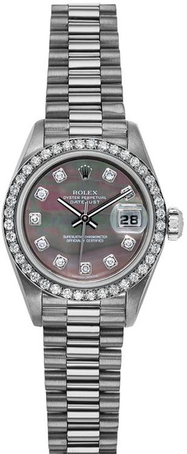 Rolex Women's White Gold President with Factory Diamond Bezel and