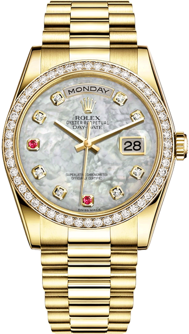 Rolex Men's Day Date President Yellow Gold Factory Diamond Bezel & Mother of Pearl Diamond and Ruby 18348