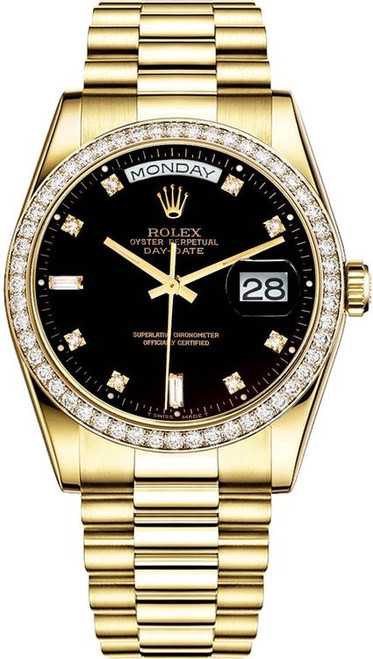 Rolex Men's Day Date President Yellow Gold Factory Diamond Bezel & Black Diamond Dial 18348 Rolex Men's Day Date President Yellow Gold Factory Diamond Bezel & Black Diamond Dial 18348