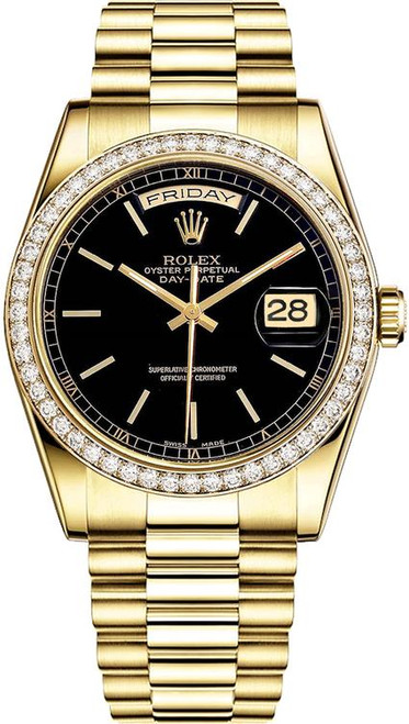 Rolex Men's Day Date President Yellow Gold Factory Diamond Bezel & Black Index Dial 18348 Rolex Men's Day Date President Yellow Gold Factory Diamond Bezel & Black Index Dial 18348