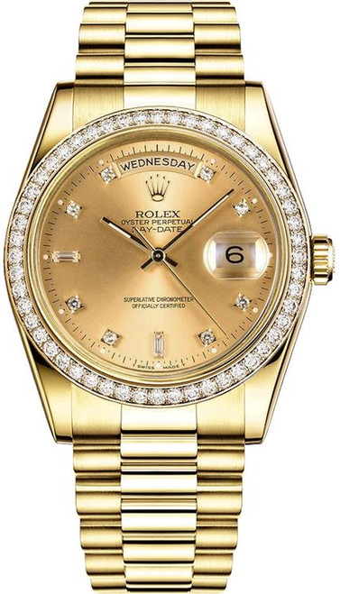 Rolex Men's Day Date President Yellow Gold Factory Diamond Bezel & Factory Diamond Bezel & Champagne Diamond Dial 18348