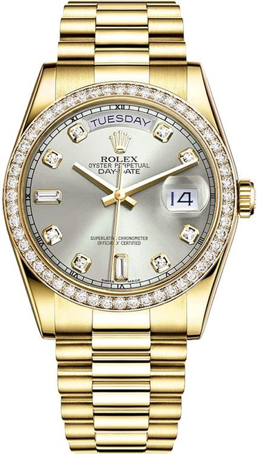 Rolex Men's Day Date President Yellow Gold Factory Diamond Bezel & Silver Diamond Dial 18348 Rolex Men's Day Date President Yellow Gold Factory Diamond Bezel & Silver Diamond Dial 18348
