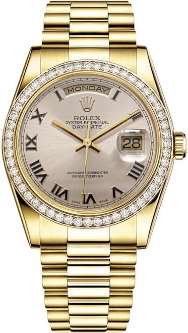 Rolex Men's Day Date President Yellow Gold Factory Diamond Bezel & Silver Roman 18348