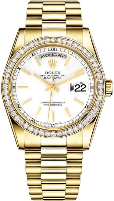 Rolex Men's Day Date President Yellow Gold Factory Diamond Bezel & White Index Dial 18348 Rolex Men's Day Date President Yellow Gold Factory Diamond Bezel & White Index Dial 18348