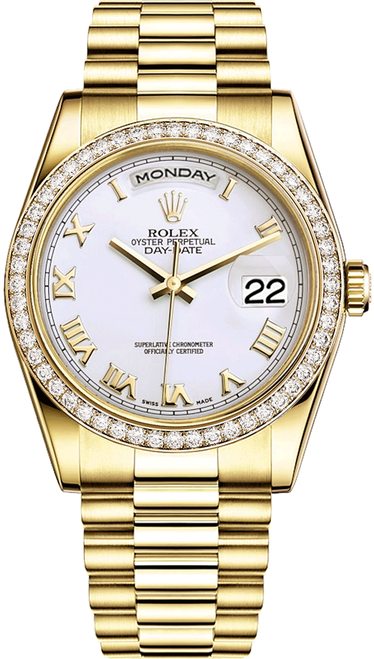 Rolex Men's Day Date President Yellow Gold Factory Diamond Bezel & White Roman Dial 18348