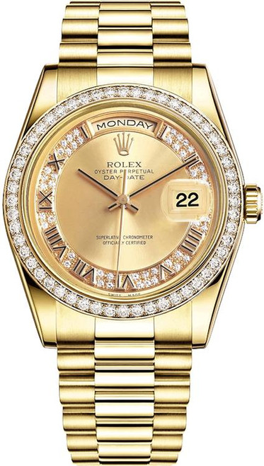 Rolex Men's Day Date President Yellow Gold Factory Diamond Bezel