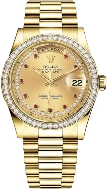 Rolex Men's Day Date President Yellow Gold Factory Diamond Bezel & Ruby String Diamond Dial 18348