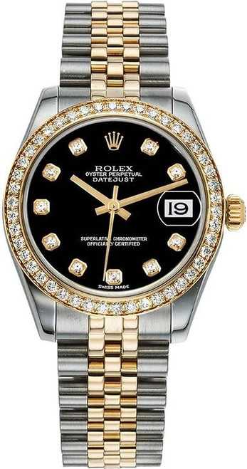 Rolex New Style Datejust Midsize Two Tone Factory Diamond Bezel & Black Diamond Dial on Jubilee Bracelet 178383