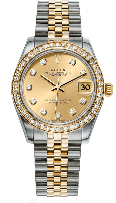 Rolex New Style Datejust Midsize Two Tone Factory Diamond Bezel & Champagne Diamond Dial on Jubilee Bracelet 178383