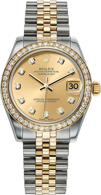 Rolex New Style Datejust Midsize Two Tone Factory Diamond Bezel & Champagne Diamond Dial on Jubilee Bracelet 178383