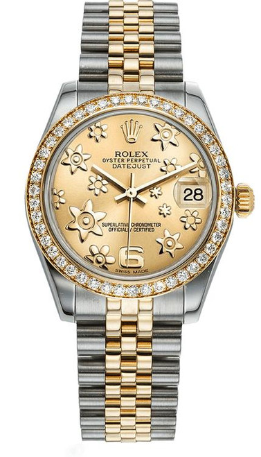 Rolex New Style Datejust Midsize Two Tone Factory Diamond Bezel & Champagne Floral Dial on Jubilee Bracelet P178383