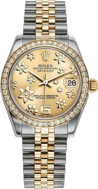 Rolex New Style Datejust Midsize Two Tone Factory Diamond Bezel & Champagne Floral Dial on Jubilee Bracelet P178383