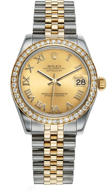 Rolex New Style Datejust Midsize Two Tone Factory Diamond Bezel & Champagne Roman Dial on Jubilee Bracelet P178383