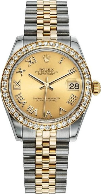 Rolex New Style Datejust Midsize Two Tone Factory Diamond Bezel & Champagne Roman Dial on Jubilee Bracelet P178383