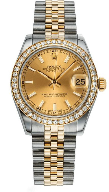 Rolex New Style Datejust Midsize Two Tone Factory Diamond Bezel & Champagne Index Dial on Jubilee Bracelet P178383